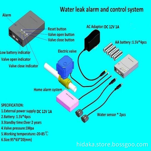 two way Battery powered water leak alarm motorized brass ball valve with manual operation